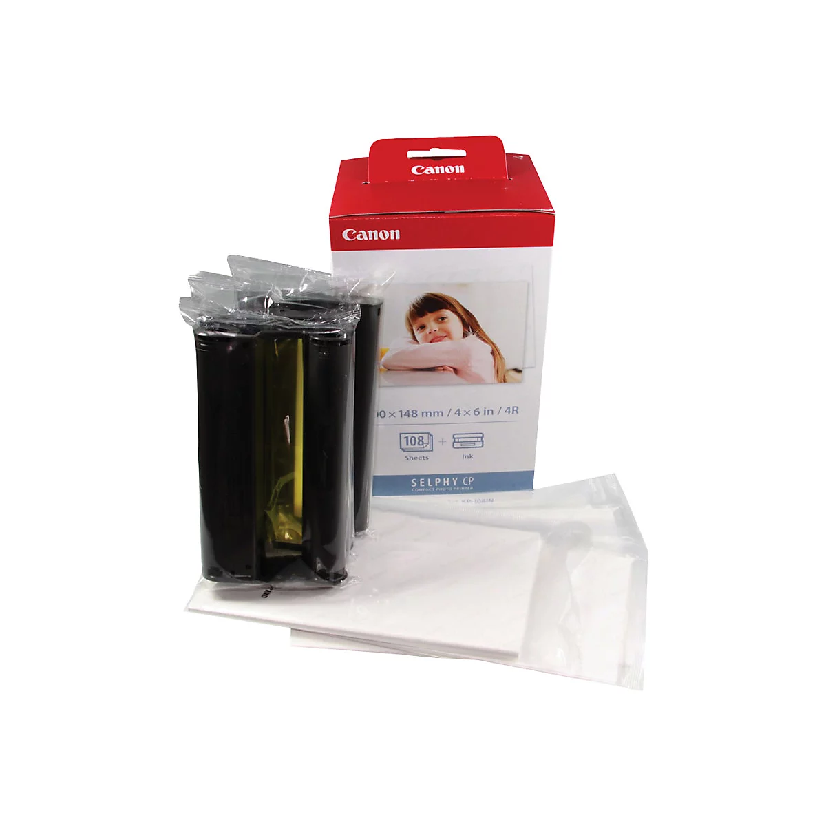 Canon Selphy Papier- und Tintenset KP-108IN mit Kassette und Fotopapier vor der Verpackung.