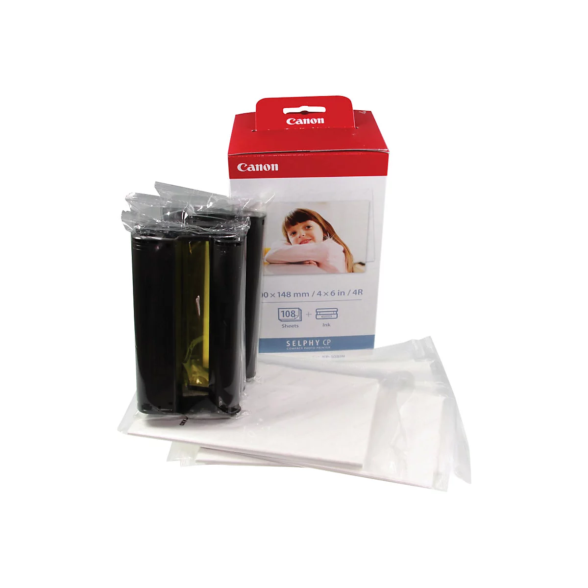 Canon Selphy Tinten- und Fotopapier-Set KP-108IN mit Verpackung, Farbbandkassette und Fotopapier.