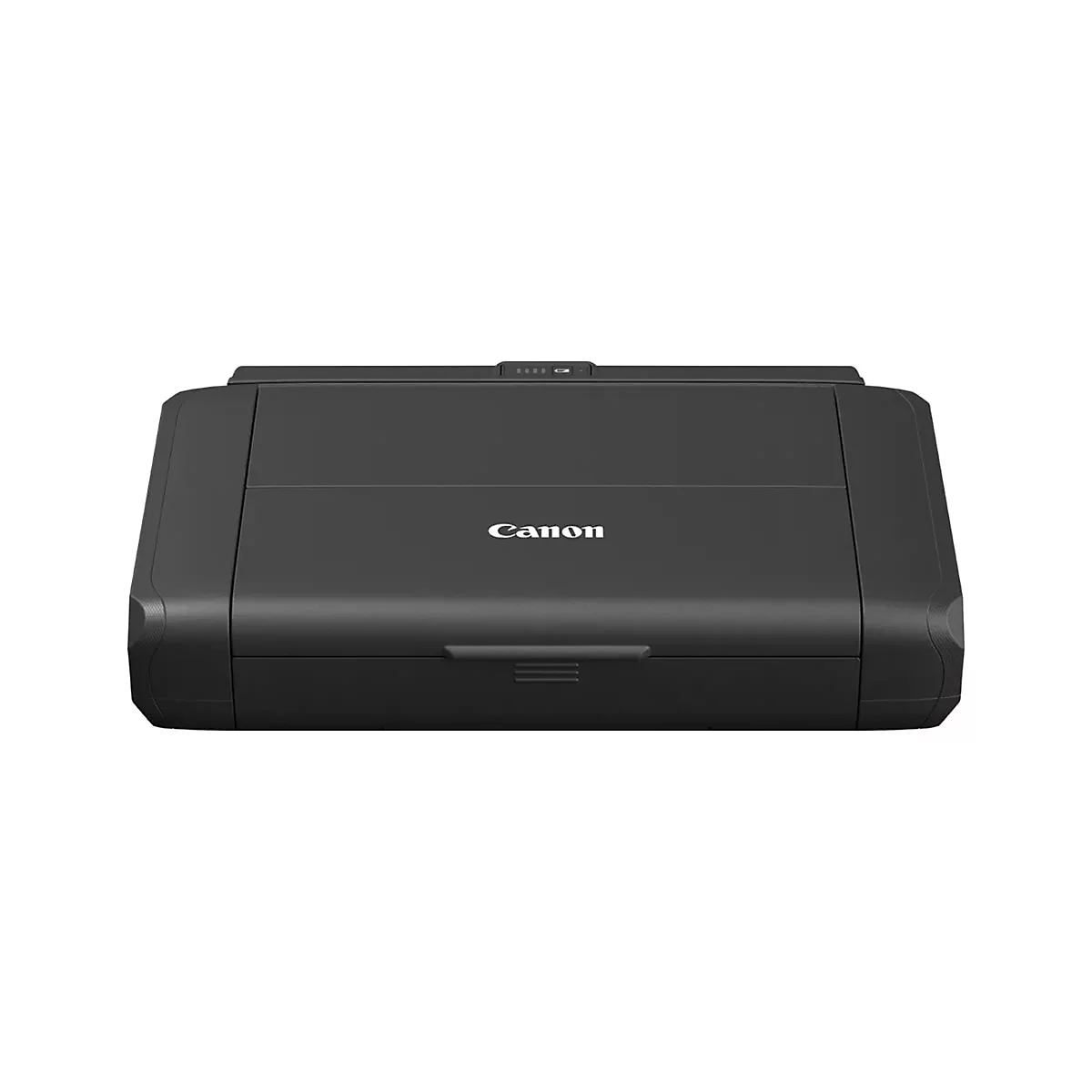 Imprimante Canon noire sur fond blanc. Logo de l'imprimante Canon au centre. Panneau de contrôle en haut.