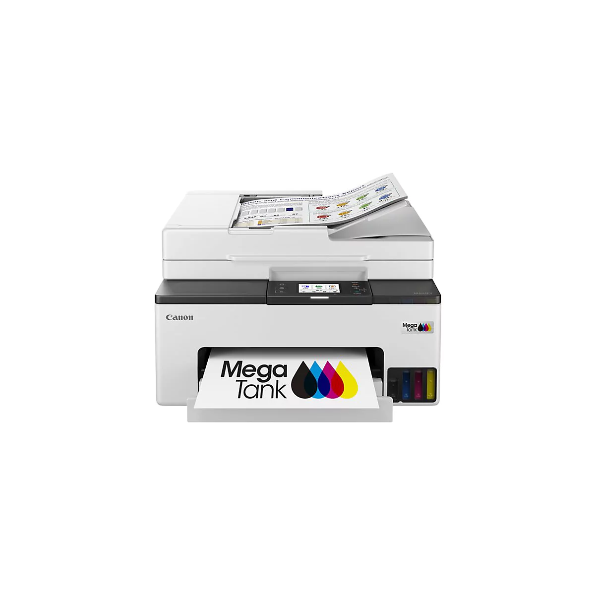 Ein weißer Canon MegaTank Multifunktionsdrucker vor neutralem Hintergrund, mit bedruckten Dokumenten.