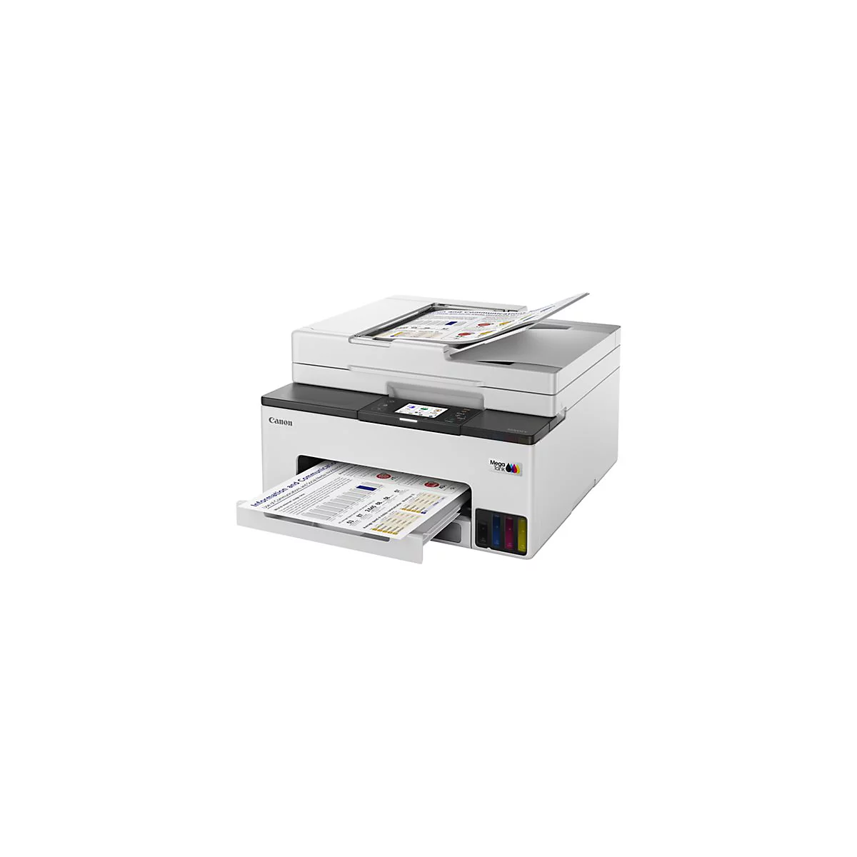 Weißer Canon MegaTank Multifunktionsdrucker mit bedrucktem Papier im Ausgabefach vor weißem Hintergrund.