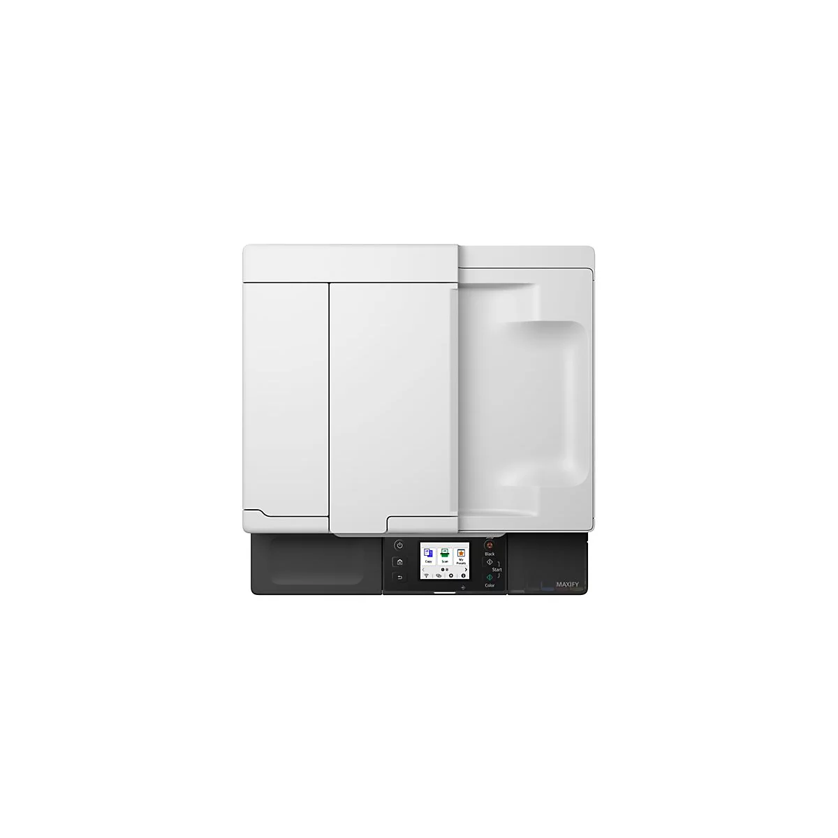 Draufsicht eines weißen Canon Maxify Druckers mit Bedienfeld und Display vor neutralem Hintergrund.
