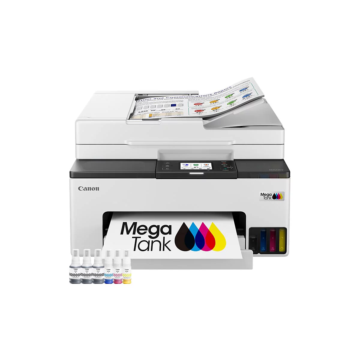 Weißer Drucker mit Mega Tank. Das Papier zeigt farbige Tintenkleckse. Rechts im Drucker sind Tintenbehälter sichtbar.