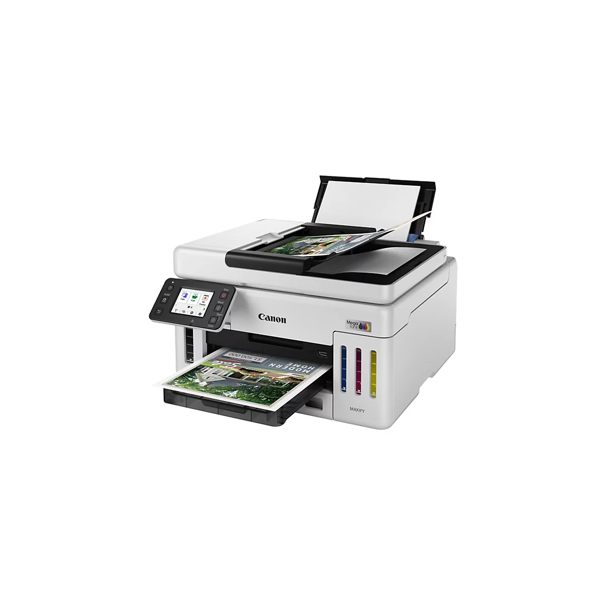 Ein weißer Canon-Multifunktionsdrucker. Auf dem Scanner liegt ein Blatt Papier mit einem farbigen Immobilien-Prospekt. Auf dem Display werden verschiedene Funktionen angezeigt.