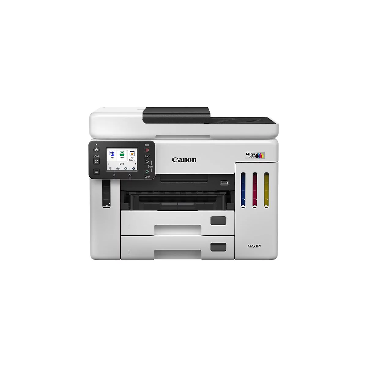 Weißer Canon Maxify-Drucker mit Touchscreen und Farbtintenfüllstandsanzeige.