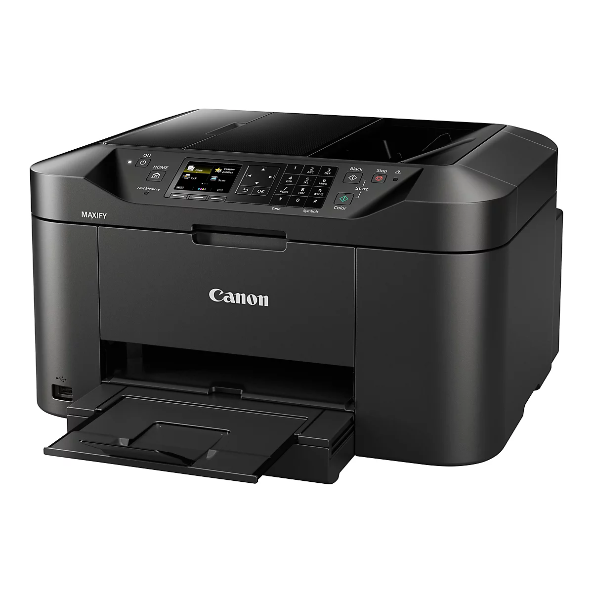 Schwarzer Canon Maxify Drucker; das Papierfach ist ausgezogen; Bedientasten und Display sind sichtbar.