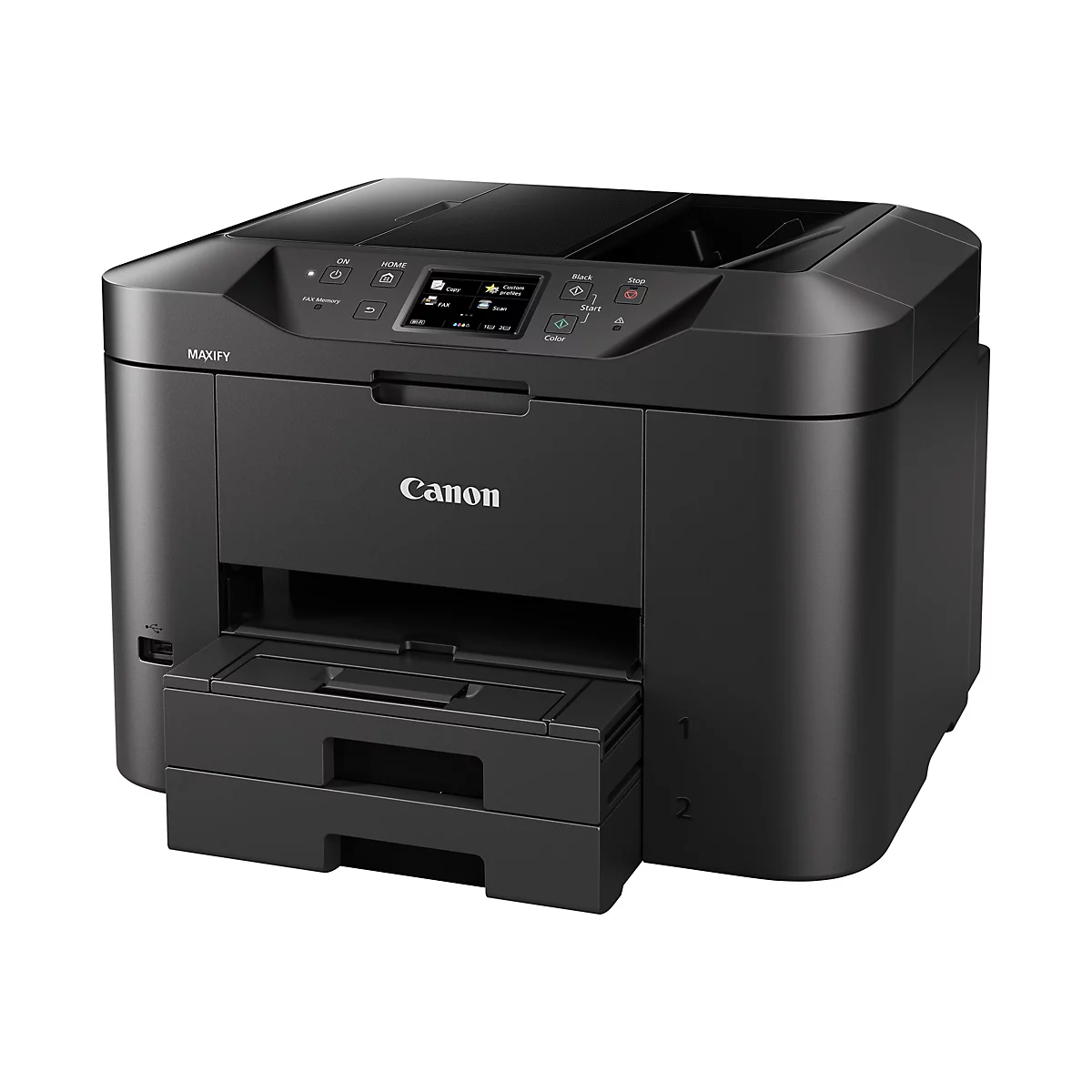 Imprimante Canon Maxify noire avec panneau de commande et sortie papier. Le panneau de commande comporte des boutons tels que "Copier", "Fax" et "Scanner".