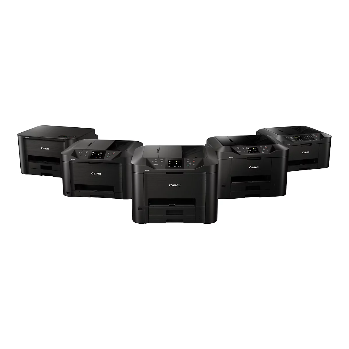 Plusieurs imprimantes Canon Maxify noires sur fond blanc.