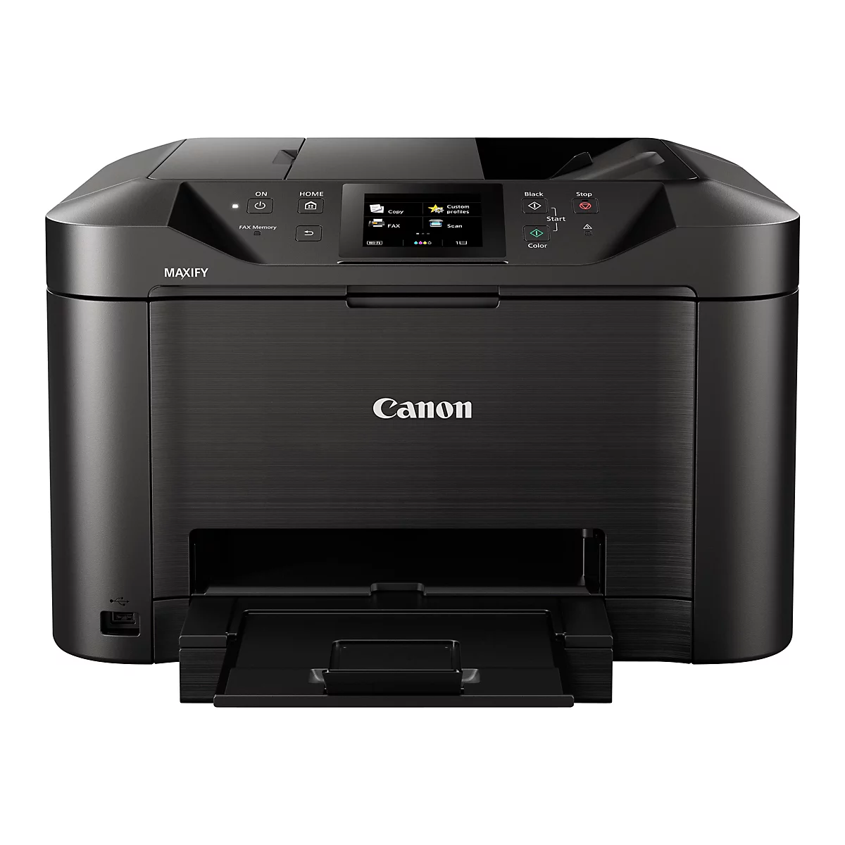 Imprimante Canon Maxify noire avec panneau de commande et sortie papier. Le panneau de commande affiche des icônes pour copier, scanner, faxer et wifi.