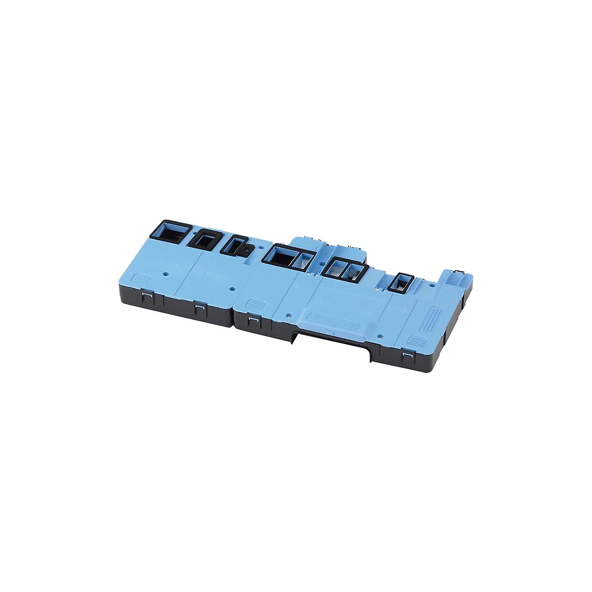 Base en plastique bleu et noir, rectangulaire avec des dÃ©coupes et des bords noirs.