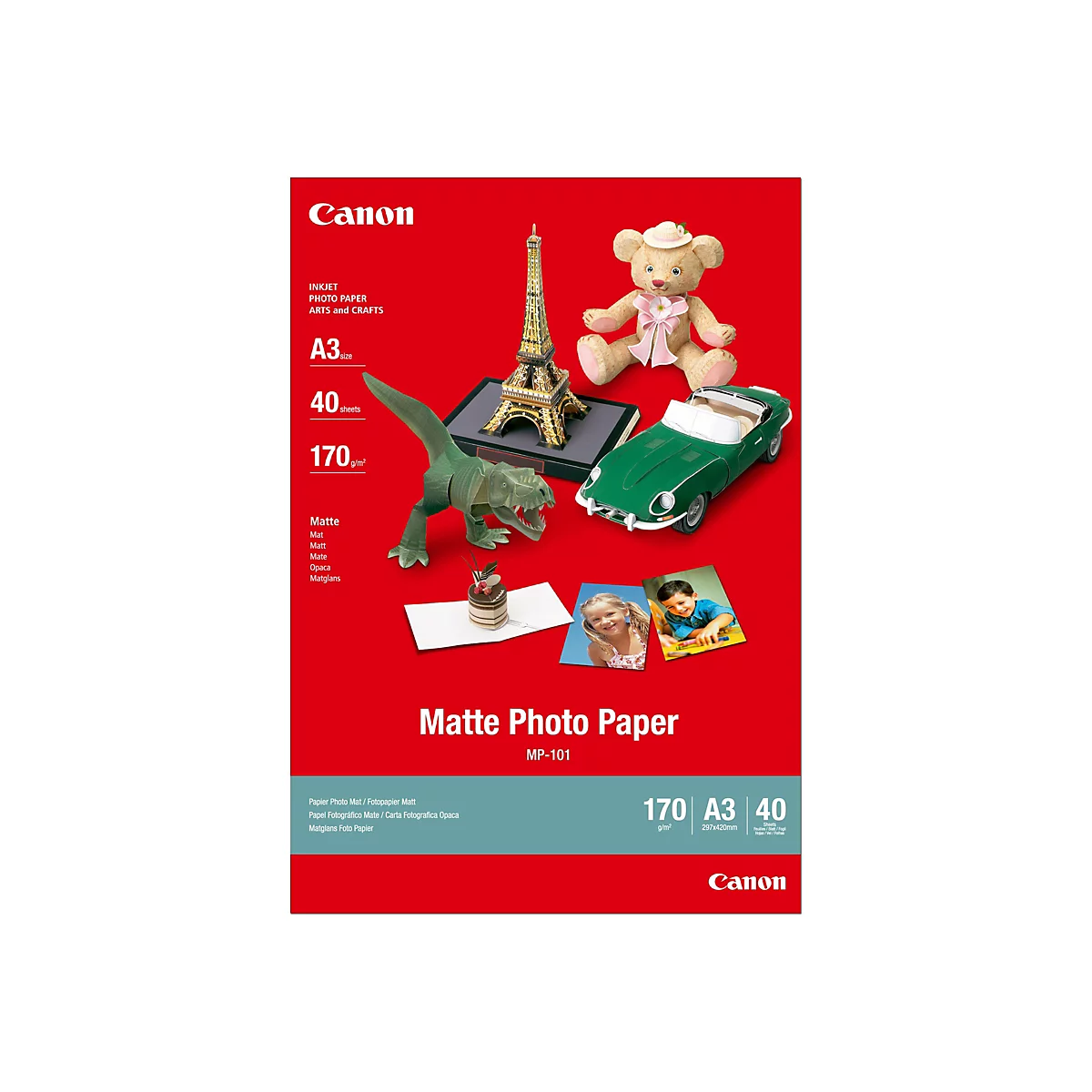 Canon Matte Photo Paper MP-101 Verpackung mit Bastelobjekten und Fotos auf rotem Hintergrund.