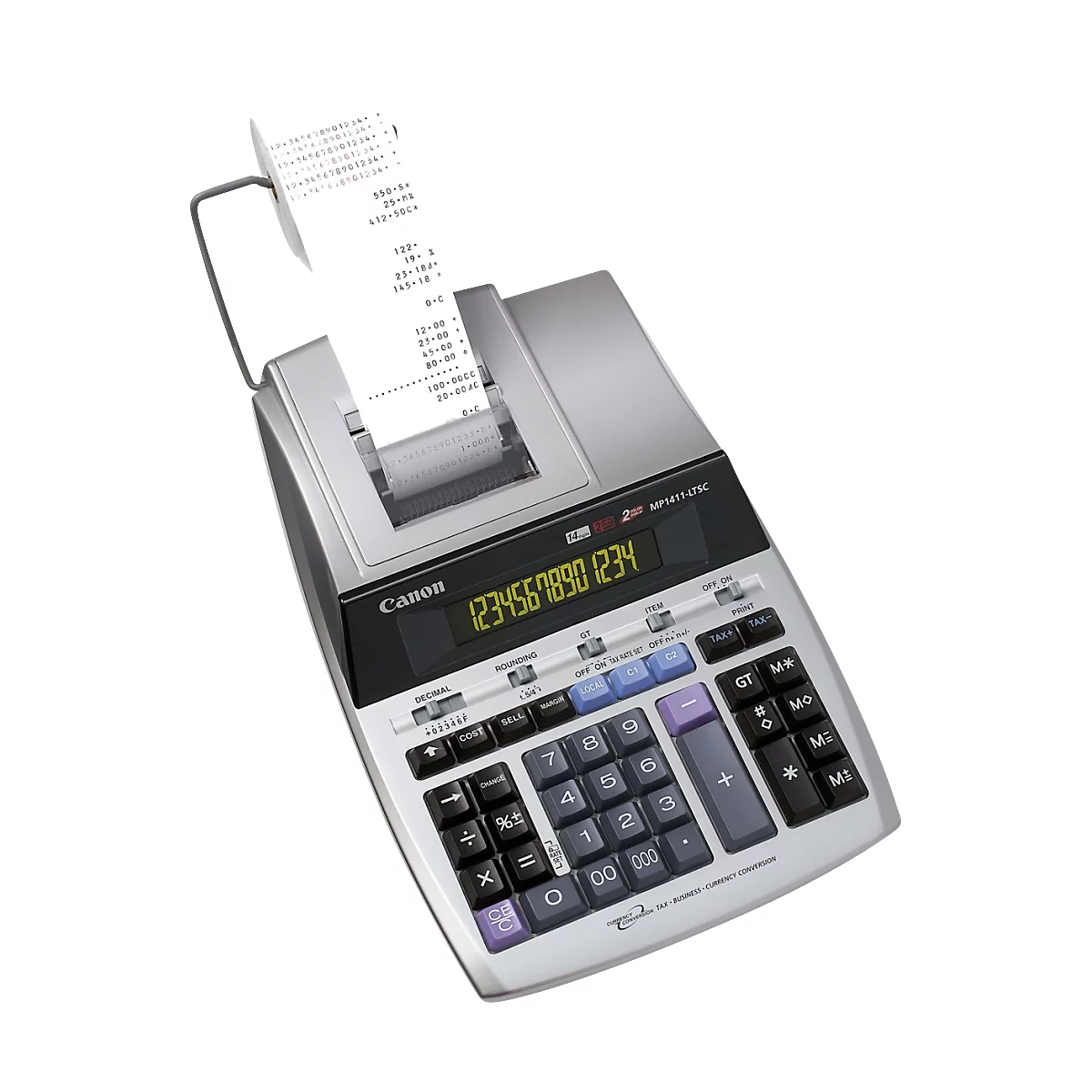 Silberner Taschenrechner mit Papierausdruck. Auf dem Display steht „12345678901234“.