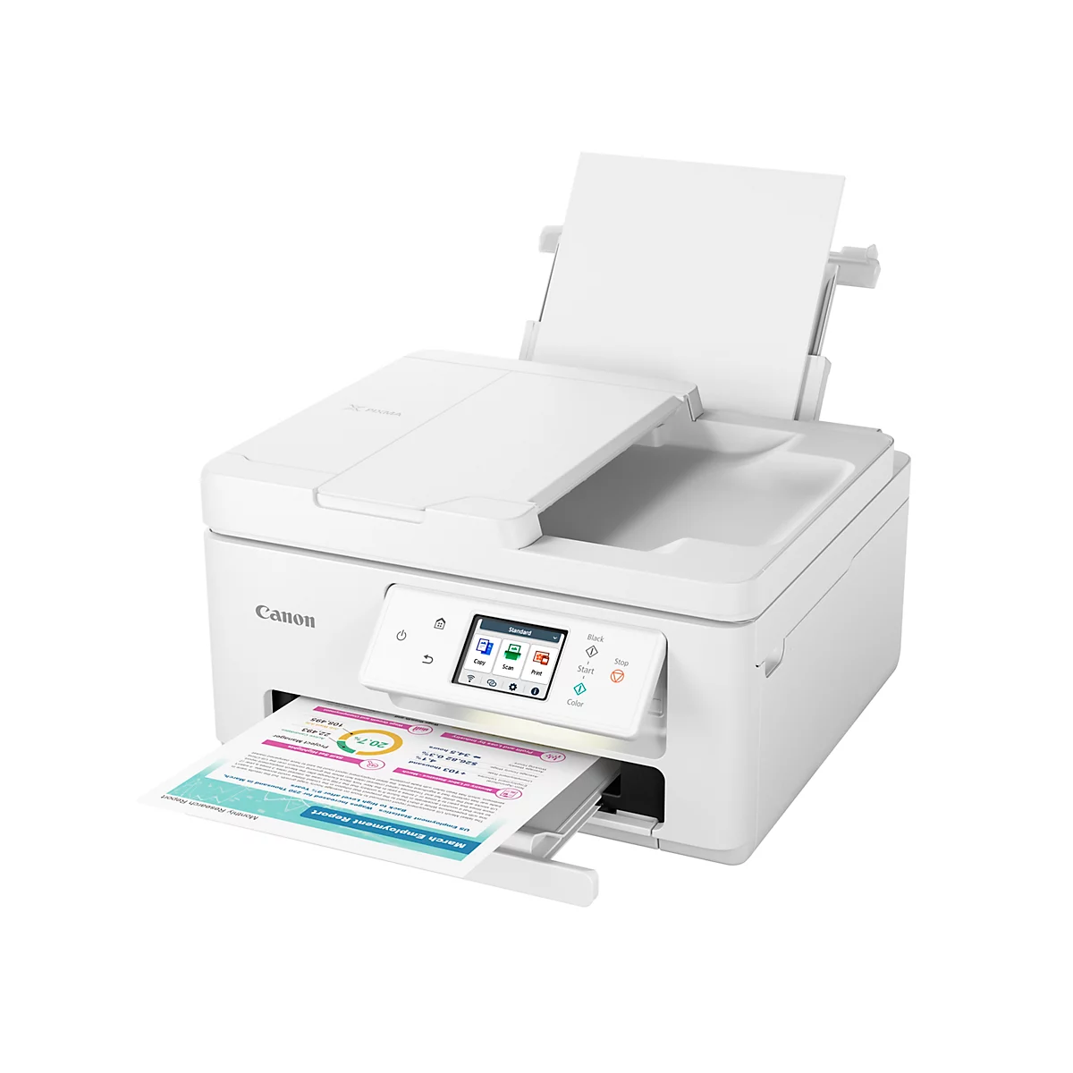 Ein weißer Canon-Multifunktionsdrucker vor weißem Hintergrund mit einem ausgedruckten farbigen Dokument.
