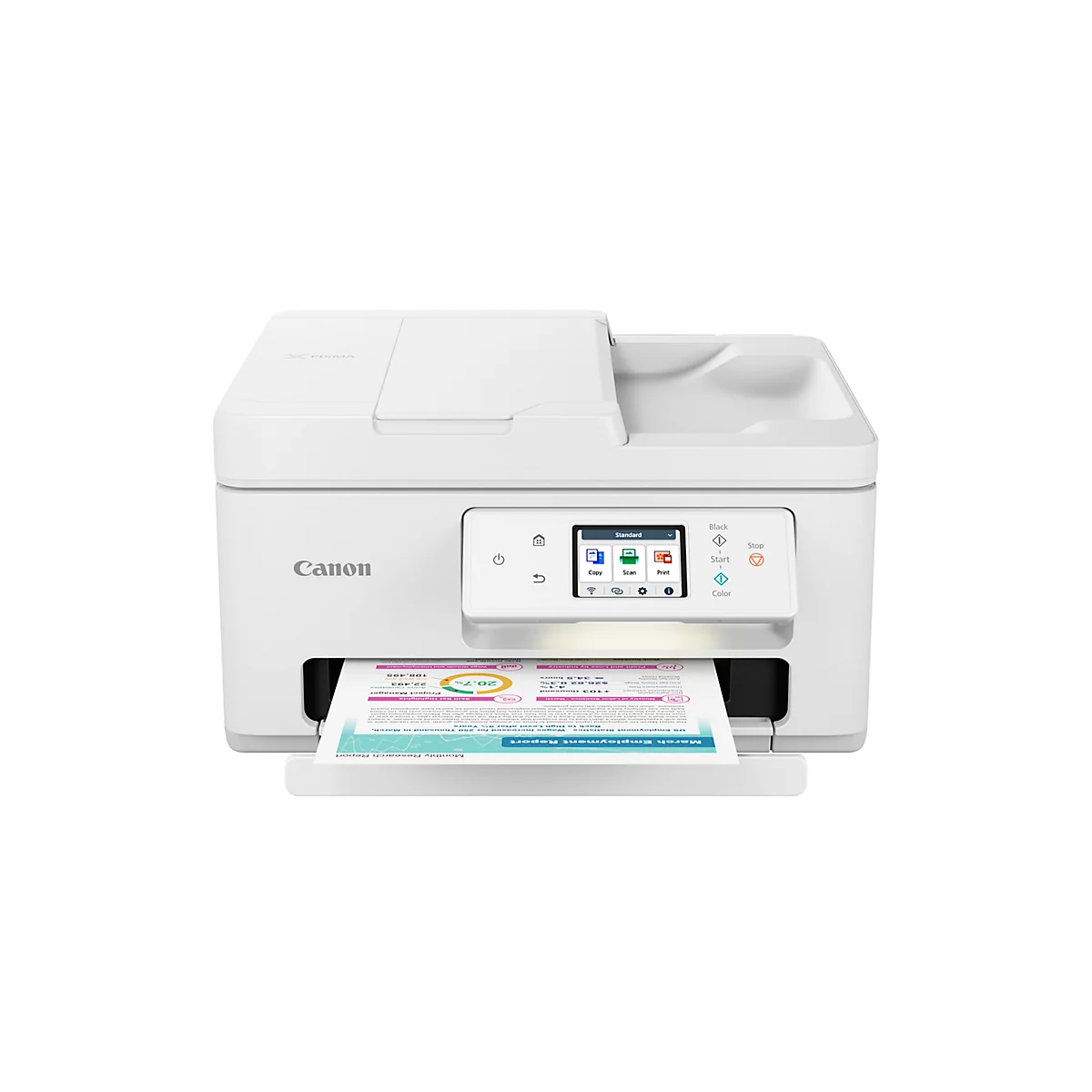 Weißer Canon Tintenstrahldrucker mit Display und Papierauszug auf weißem Hintergrund.