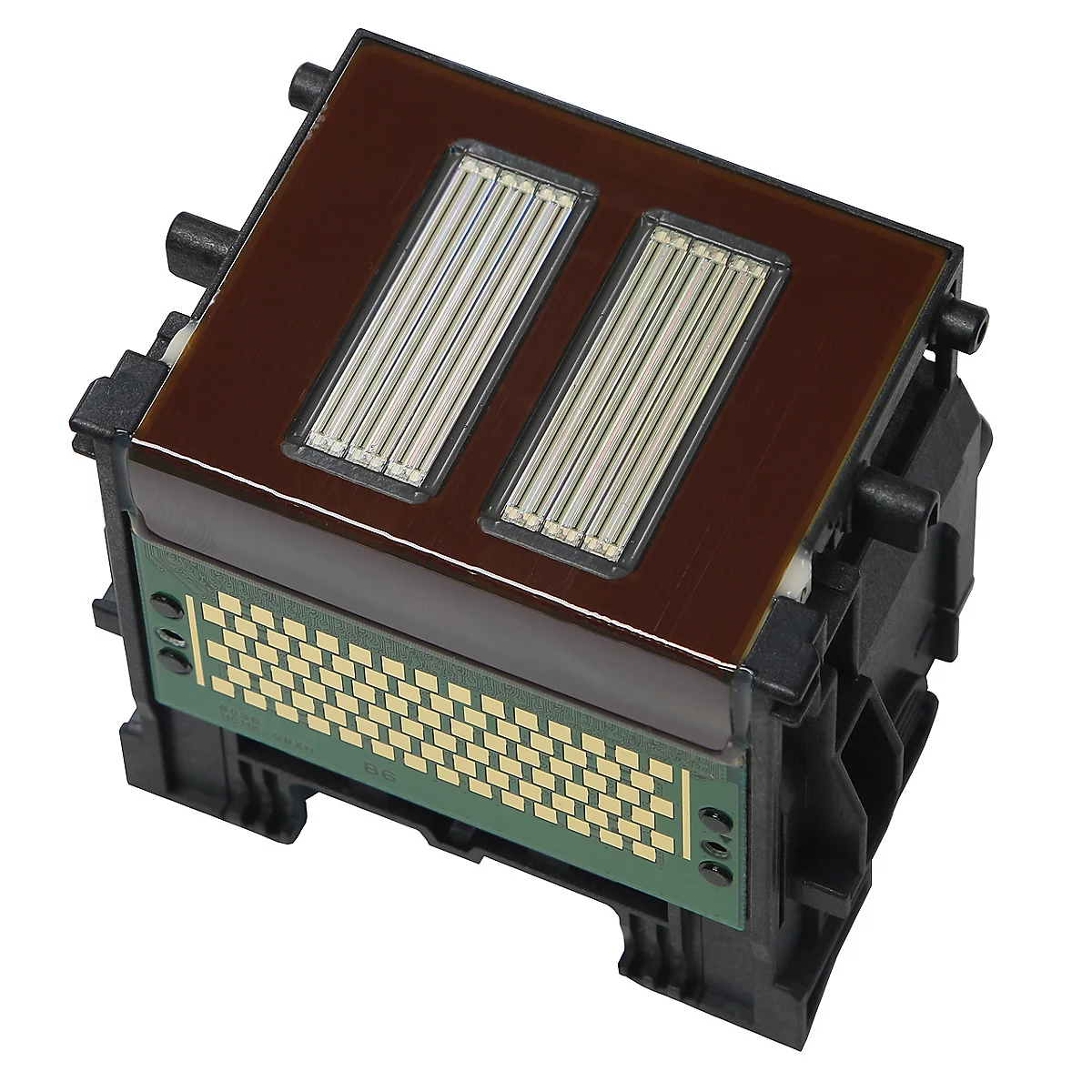 Nahaufnahme eines Druckkopfes mit brauner Oberseite und rechteckigen, hellen Elementen, darunter eine grüne Platine mit goldenen Kontakten.