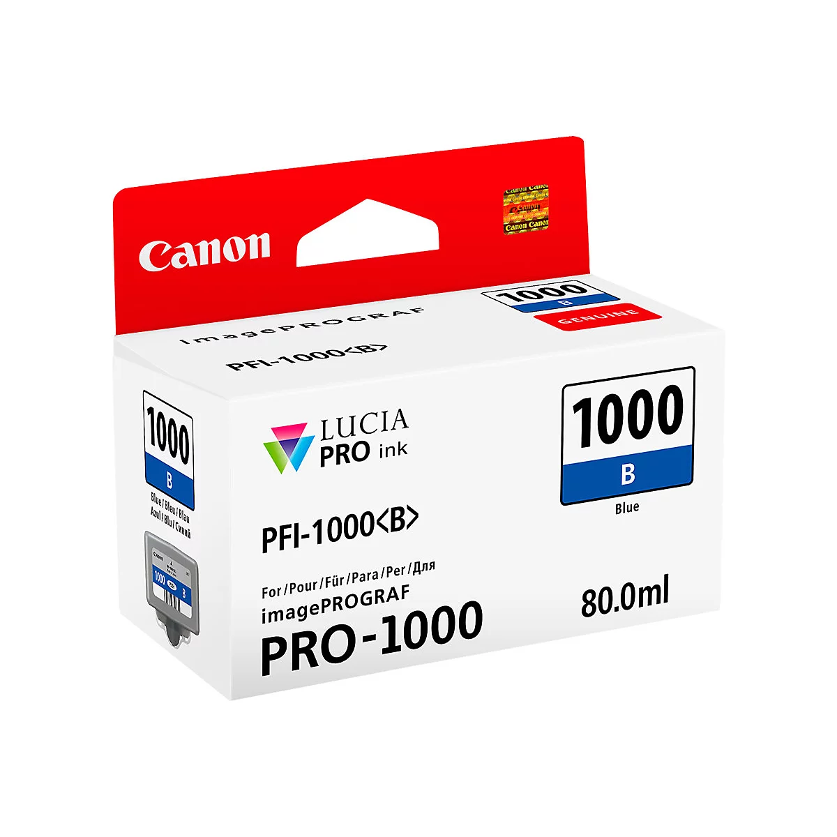 WeiÃŸe Canon Tintenpatrone, auf der 1000 B Blue und 80.0ml steht.