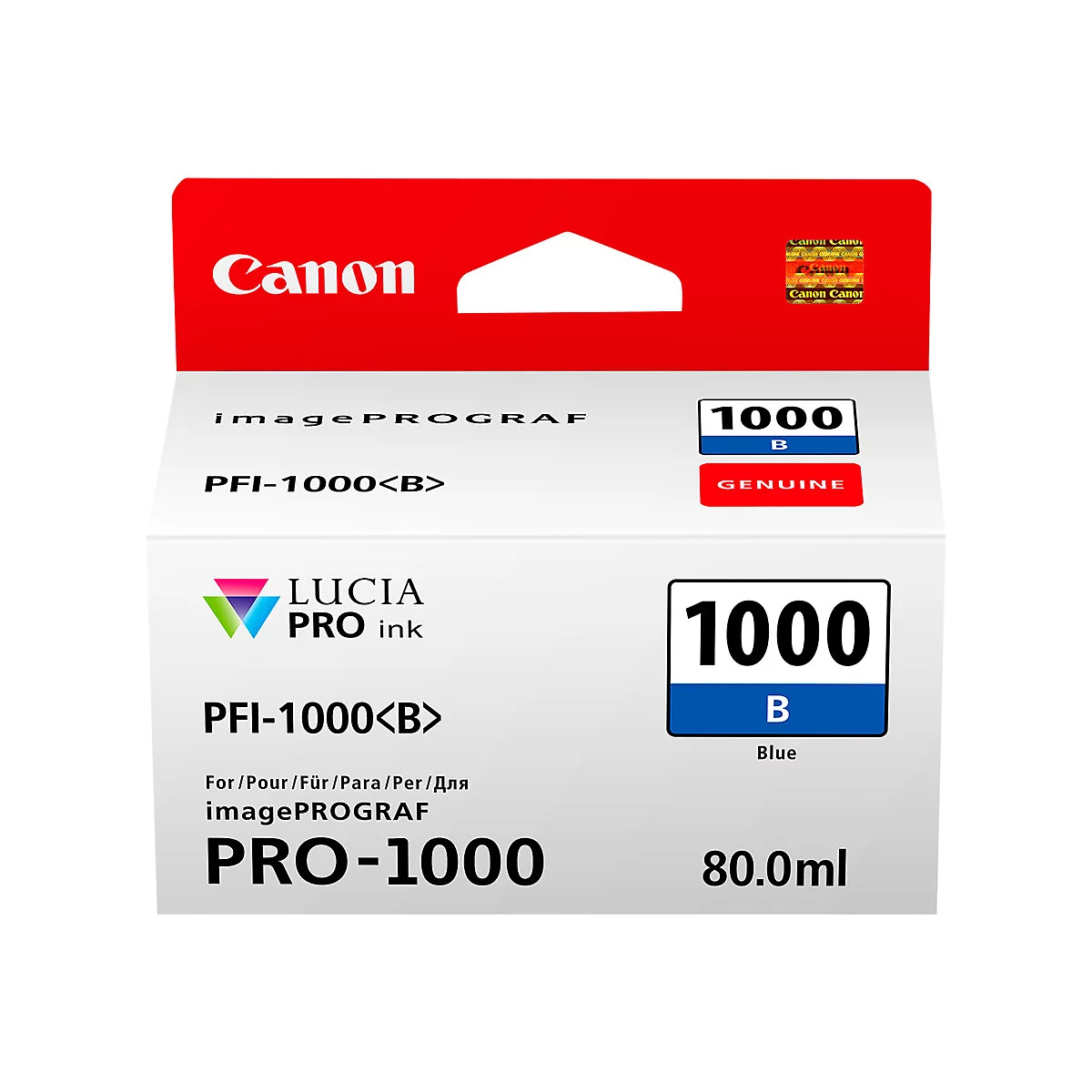 Tintenpatrone von Canon, weiÃŸer Karton mit blauem Logo. Aufschrift: PFI-1000B, PRO-1000, 80.0ml.