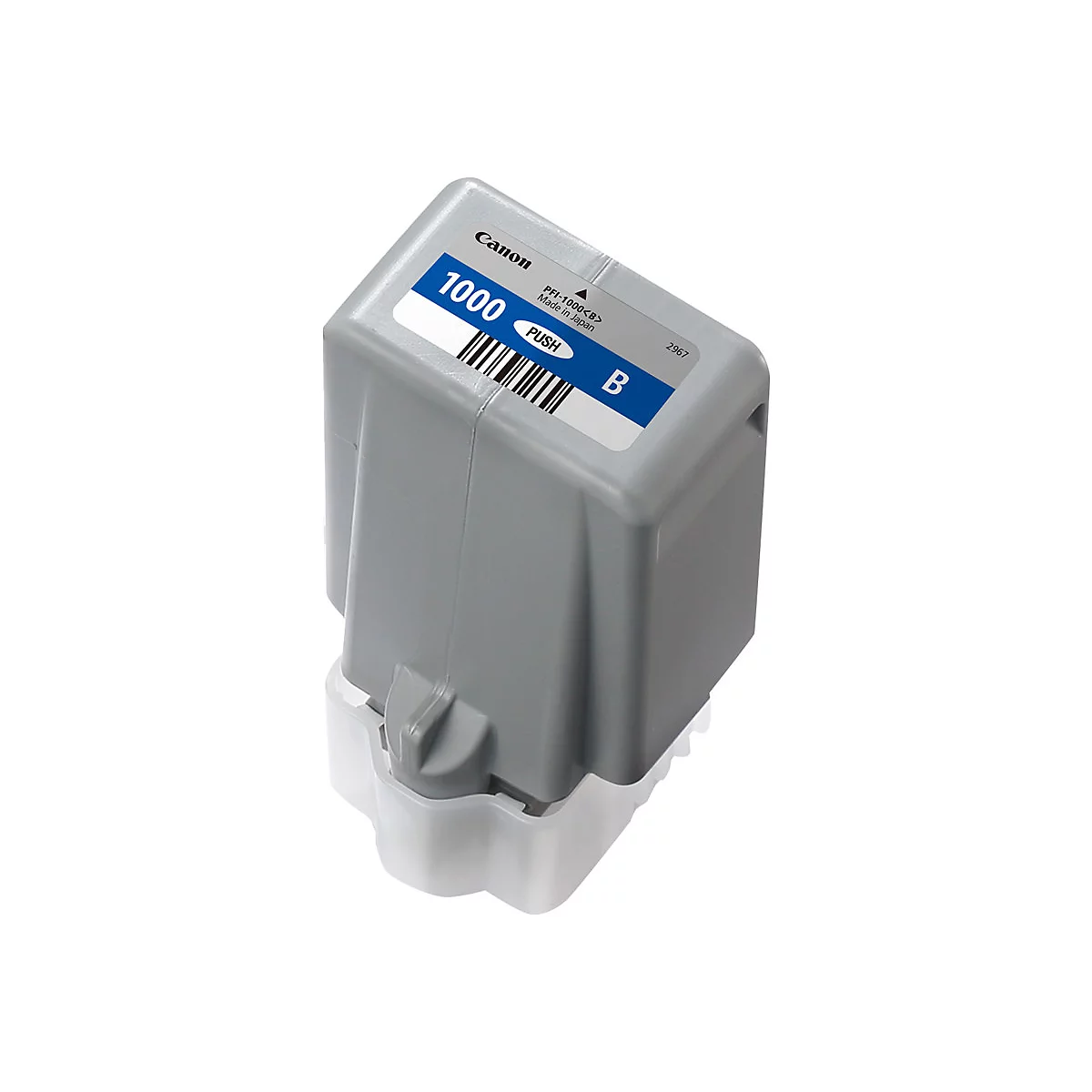 Graue Canon Tintenpatrone. Aufschrift 1000 und B auf blauem Feld, Barcode.