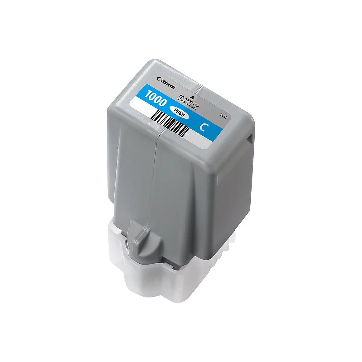 Graue Canon-Druckerpatrone, blaues Etikett mit Aufschrift 1000 und Barcode. Schwarze Aufschrift C.