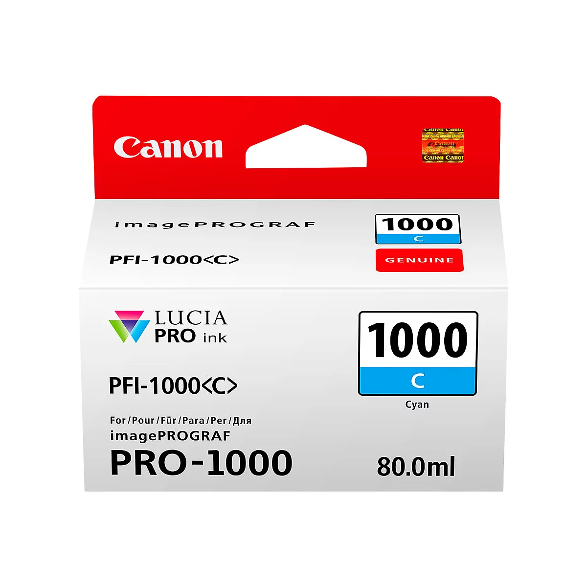 Canon-Tintenpatrone PFI-1000<C>, Cyan, 80,0 ml. Aufschrift: LUCIA PRO ink, PRO-1000, GENUINE.