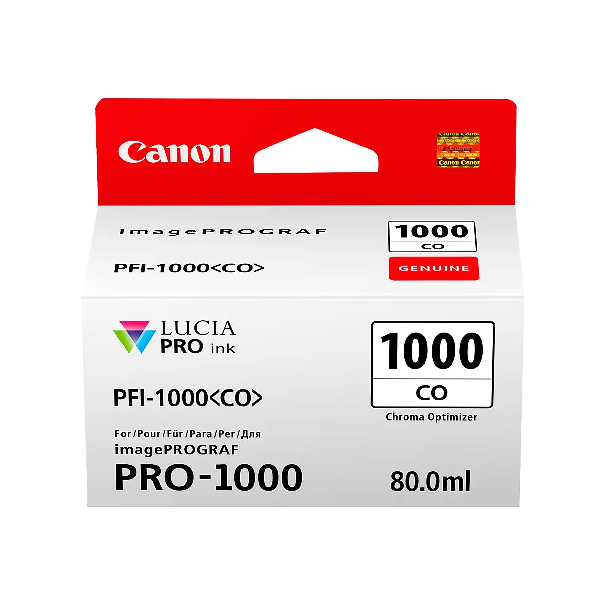 Cartouche d'encre Canon, boÃ®te blanche avec des accents rouges, impression: PRO-1000, 80.0ml.