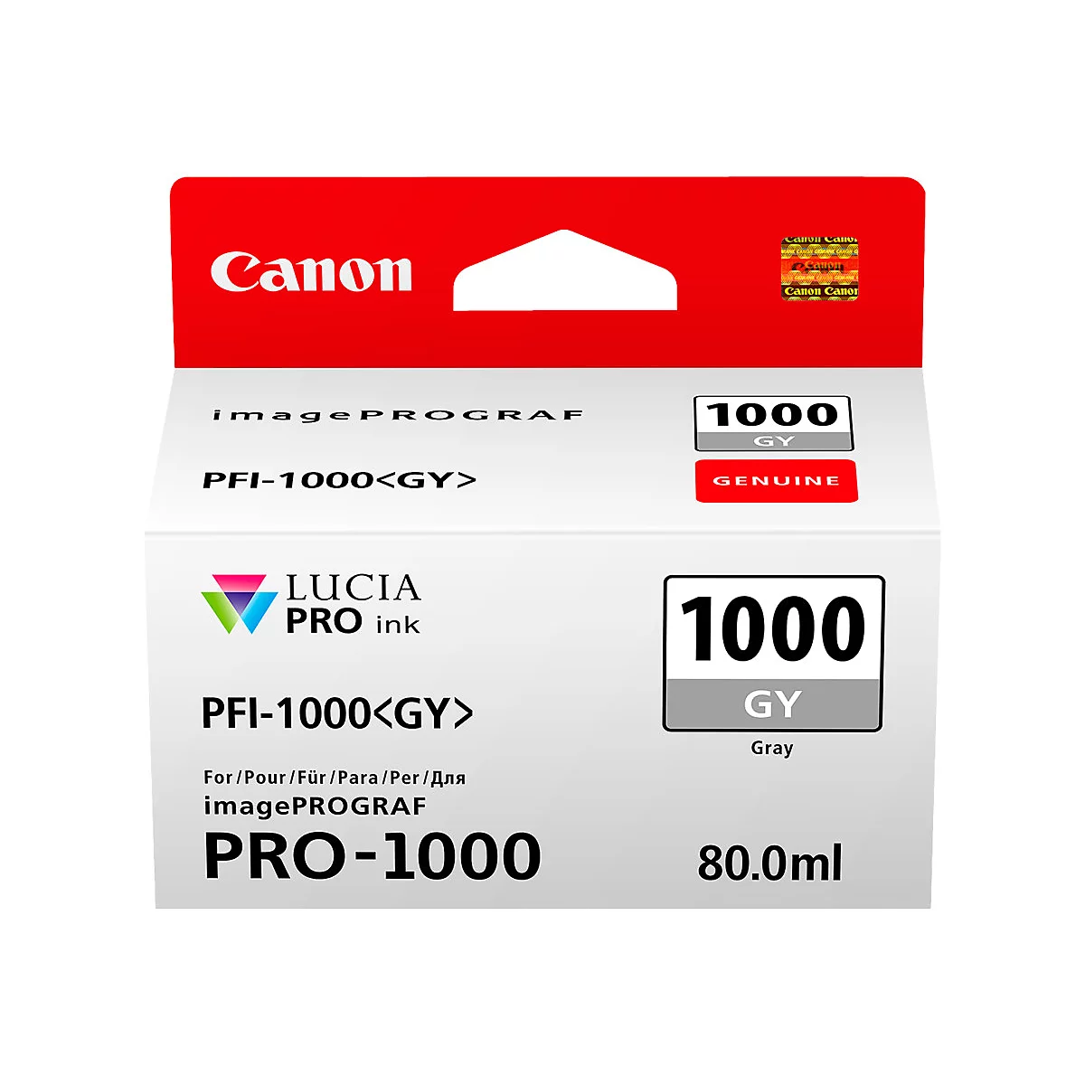 Cartouche d'encre Canon PFI-1000<GY>, grise. Inscriptions : LUCIA PRO, PRO-1000, 80,0 ml. BoÃ®te blanche et rouge.