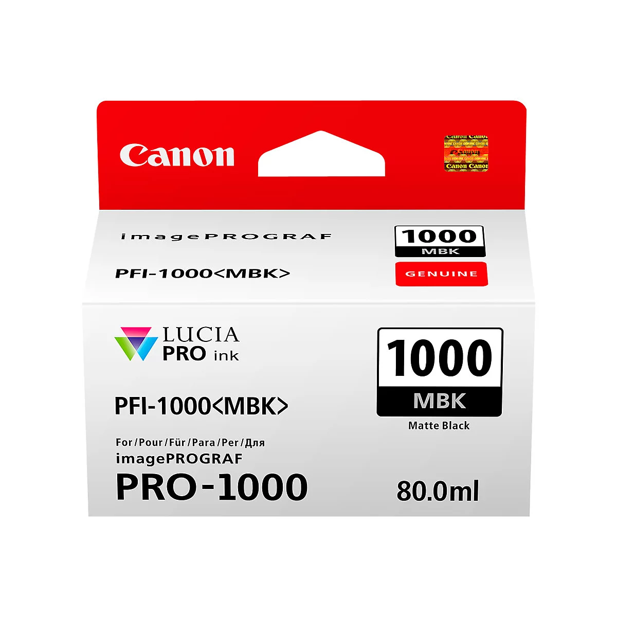 Emballage blanc de cartouche d'encre Canon. En haut, il est Ã©crit 'Canon', en dessous 'imagePROGRAF' et 'PFI-1000<MBK>'. Un rectangle indique '1000 MBK'.