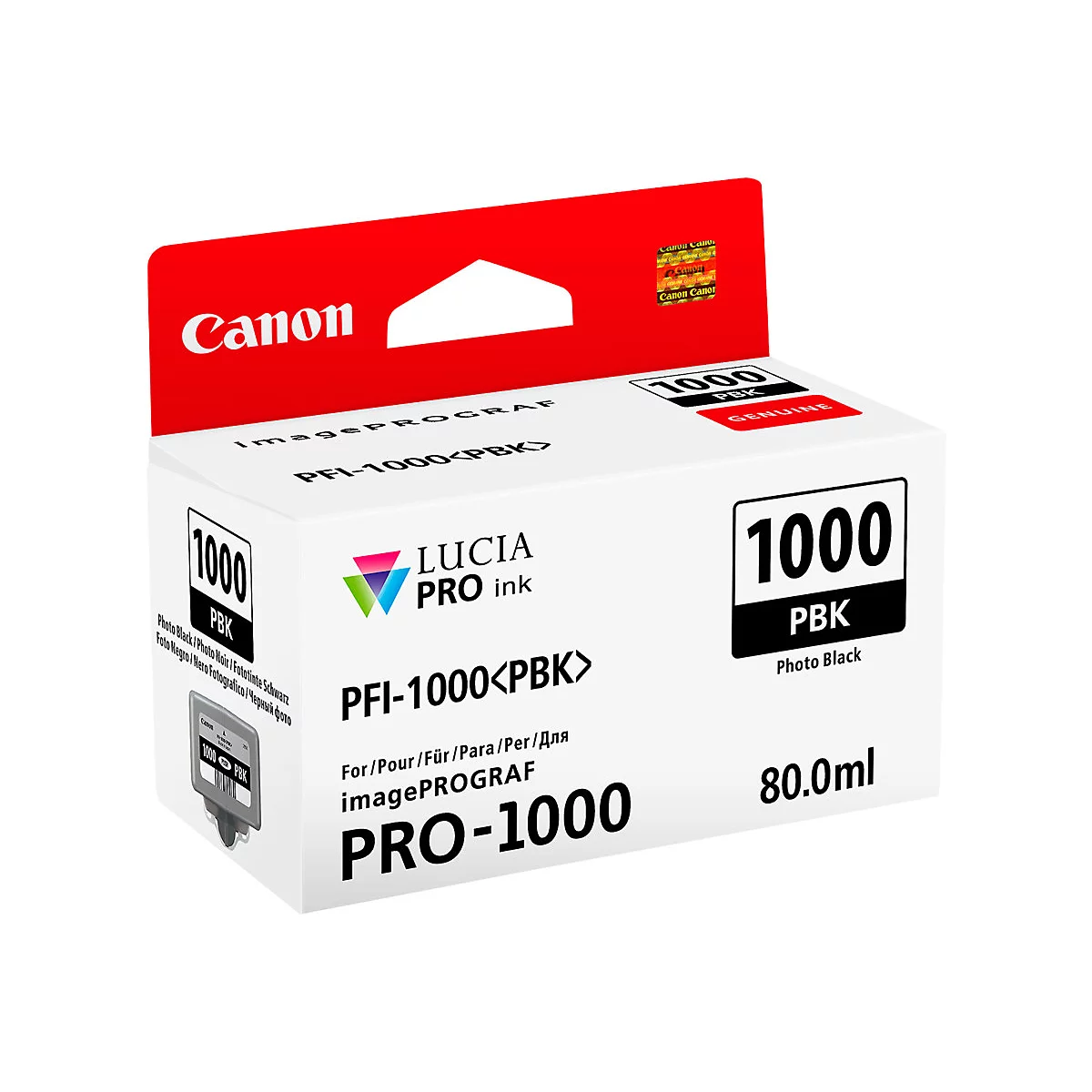 Une cartouche d'encre Canon. Inscription : PFI-1000<PBK>, PRO-1000, LUCIA PRO ink.