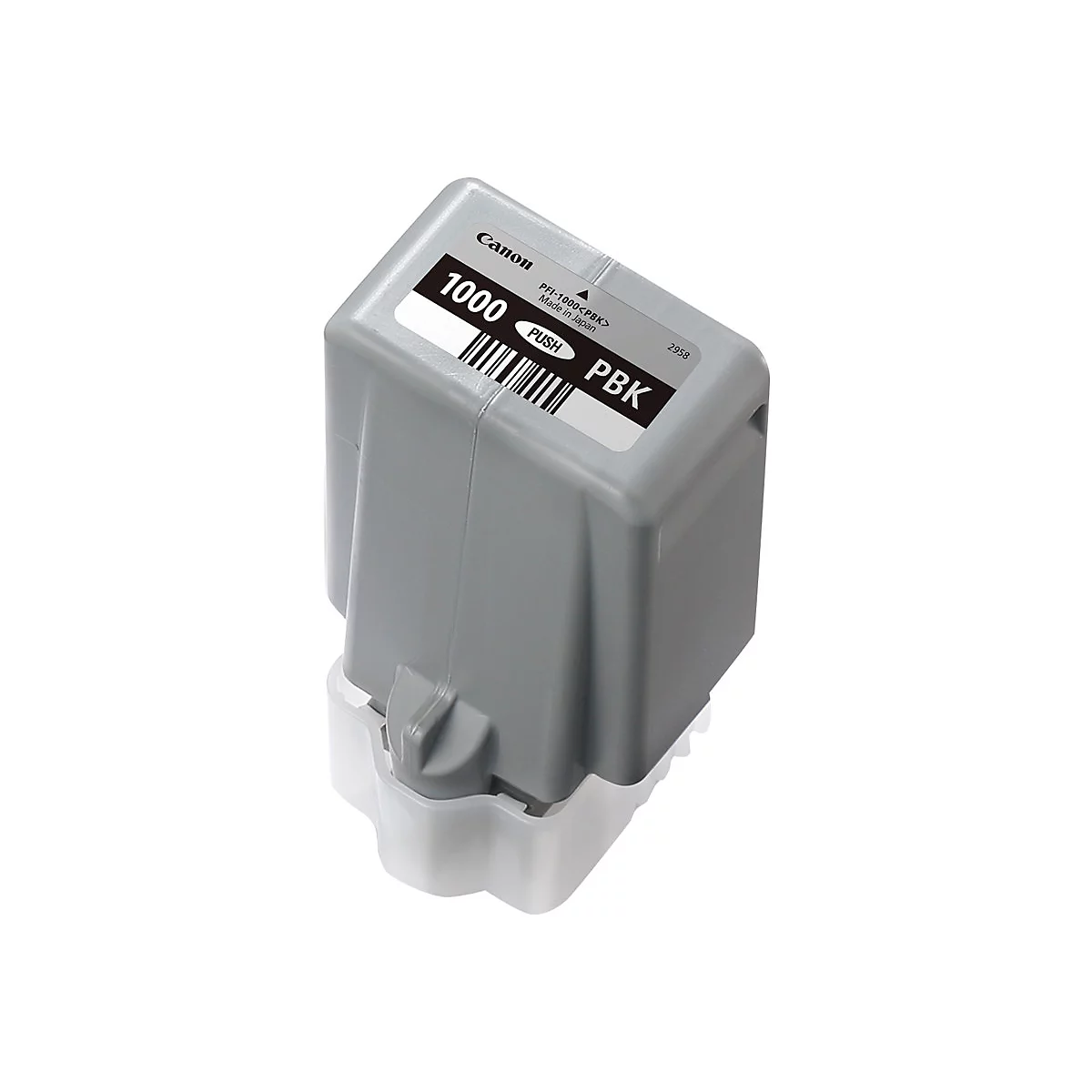 Graue Canon Druckerpatrone 1000 PBK, mit Barcode und Aufdruck. Die Patrone sitzt auf einem weiÃŸen Sockel.