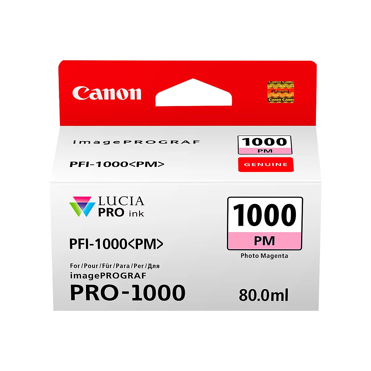 Encre photo magenta Canon PRO-1000, emballage avec en-tÃªte rouge, texte : LUCIA PRO Ink, PFI-1000<PM>, 80,0 ml.