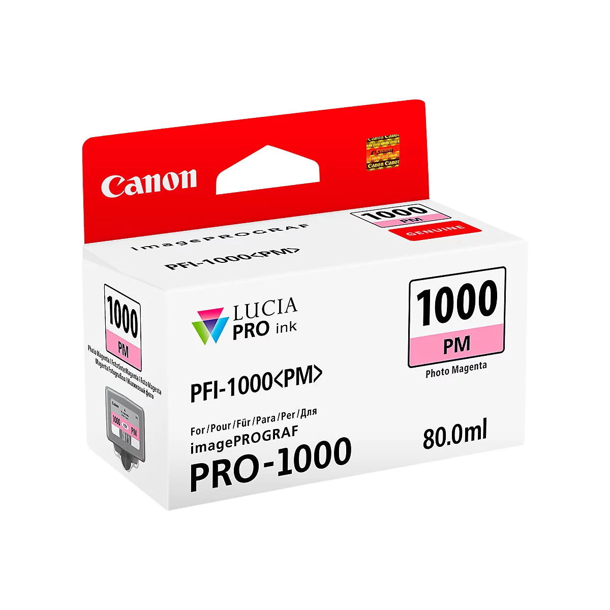 BoÃ®te de cartouche d'encre Canon rose. On peut lire : PFI-1000<PM>, PRO-1000, Photo Magenta et 80,0 ml.