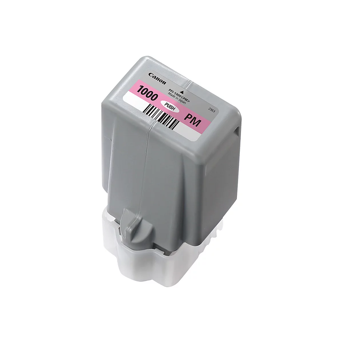 Graue Tintenpatrone mit pinkfarbener Beschriftung, Barcode und '1000 PM' Etikett. Hersteller: Canon.