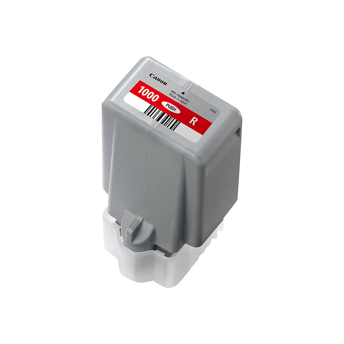Graue Tintenpatrone mit roter Aufschrift 1000 und R. Barcode und PUSH Logo.
