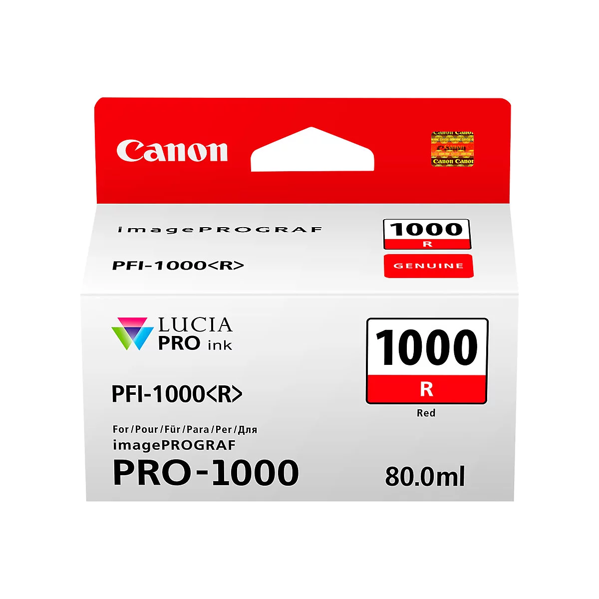 Tintenpatrone von Canon, weiÃŸ mit rotem Element. Aufdrucke: Canon, ImagePROGRAF, PRO-1000, 1000 R Red.