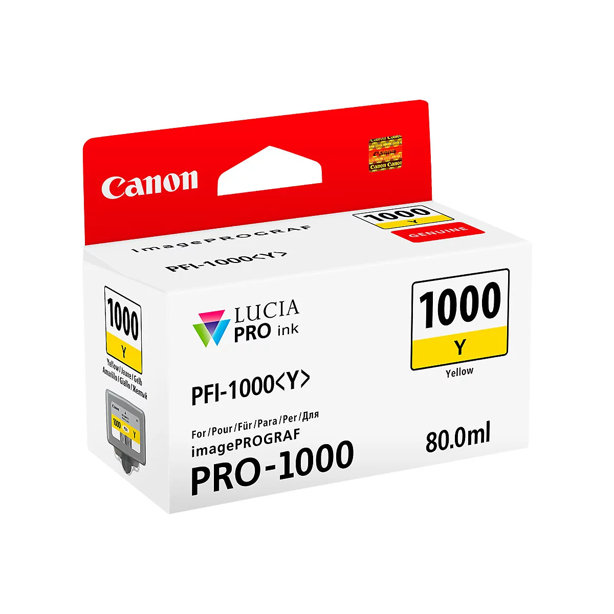 Gelbe Tintenpatrone von Canon, beschriftet mit 1000 Y. Aufdrucke: LUCIA PRO ink, PFI-1000<Y>, PRO-1000, 80.0 ml.