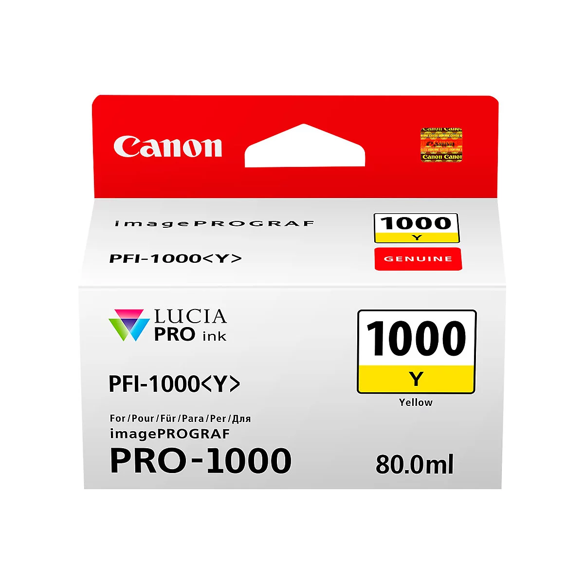 Cartouche d'encre jaune Canon PFI-1000. Inscription: ImagePROGRAF, PRO-1000, 1000 Y, LUCIA PRO ink, 80.0ml, Genuine.