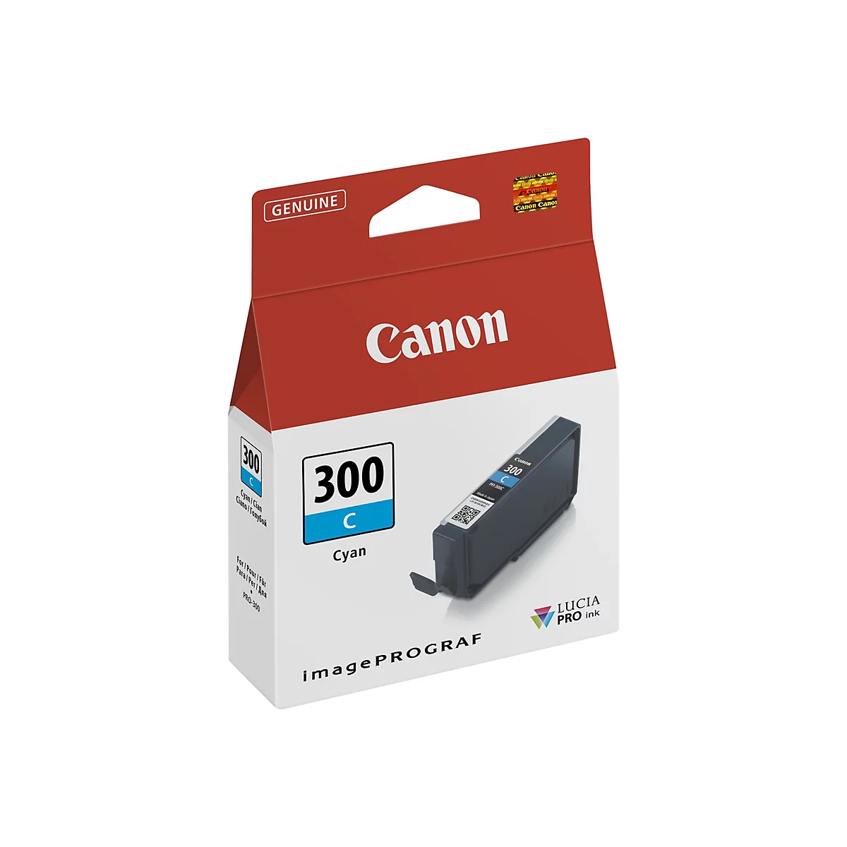 Canon Tintenpatrone, Cyan, mit Text 300 C. Verpackung in Rot und WeiÃŸ.