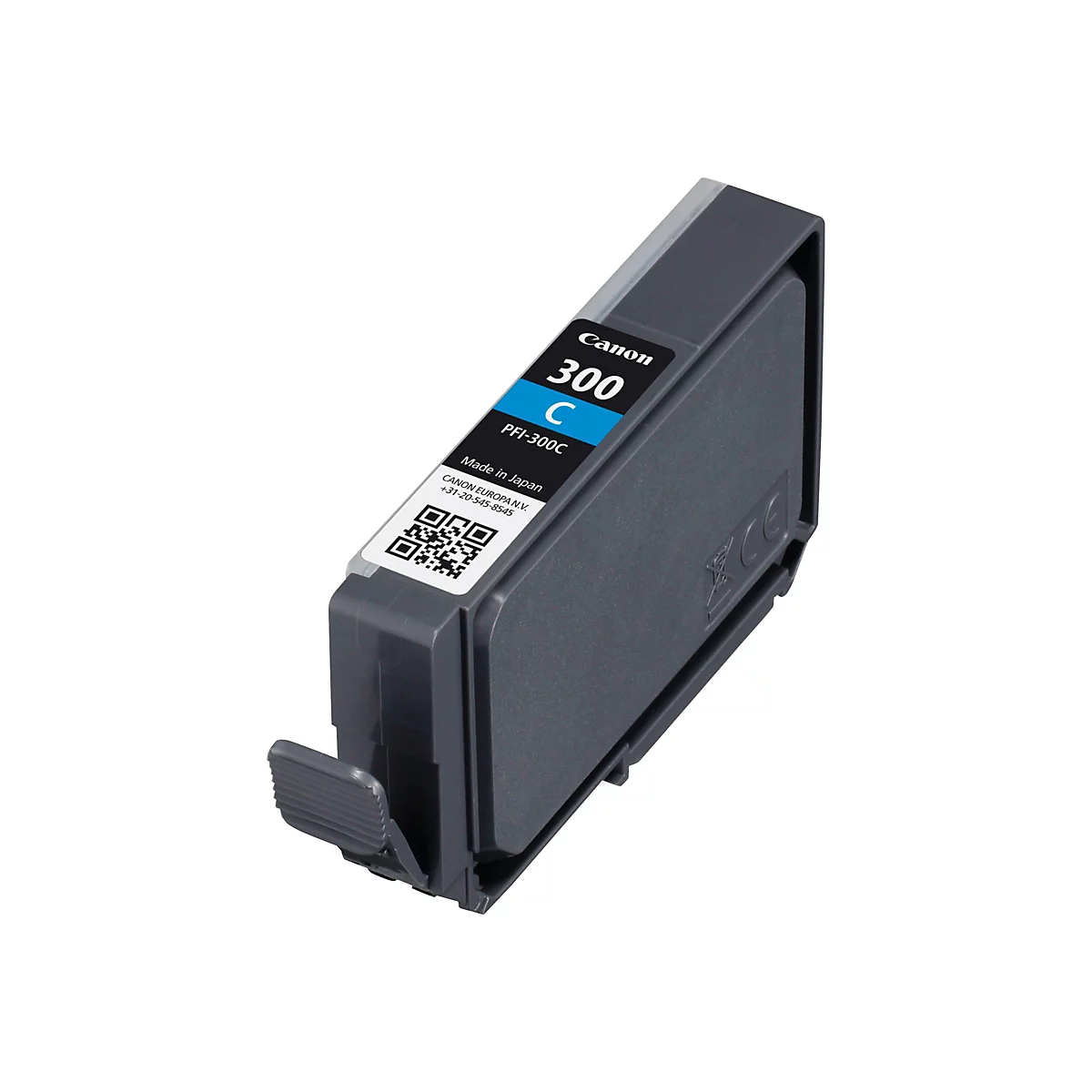 Eine Canon Tintenpatrone, grau-schwarz. Mit Aufschrift Canon 300 C, sowie QR-Code.