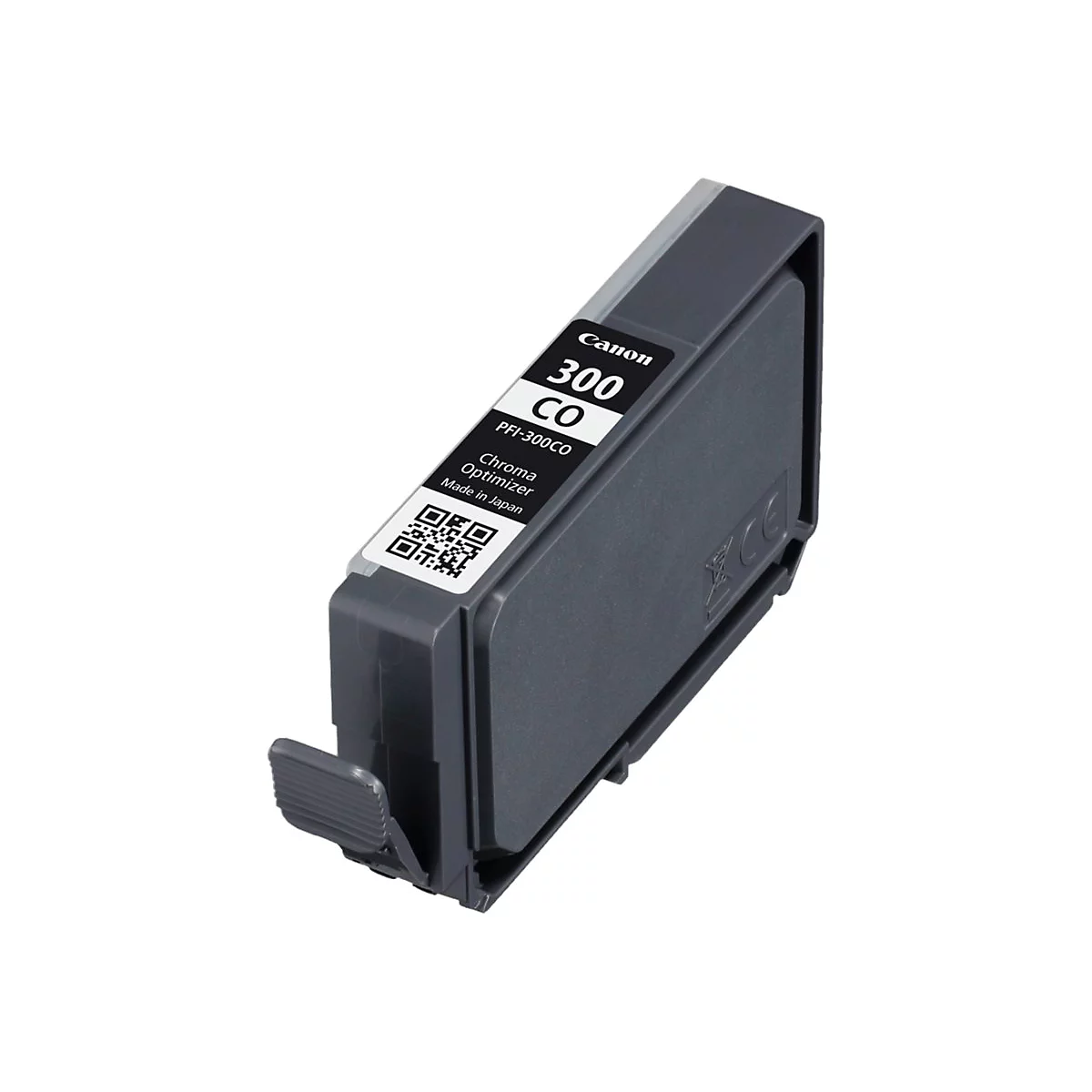Graue Canon Tintenpatrone mit weiÃŸem Aufkleber. Aufschrift: Canon 300 CO, PFI-300CO Chroma Optimizer. QR-Code.