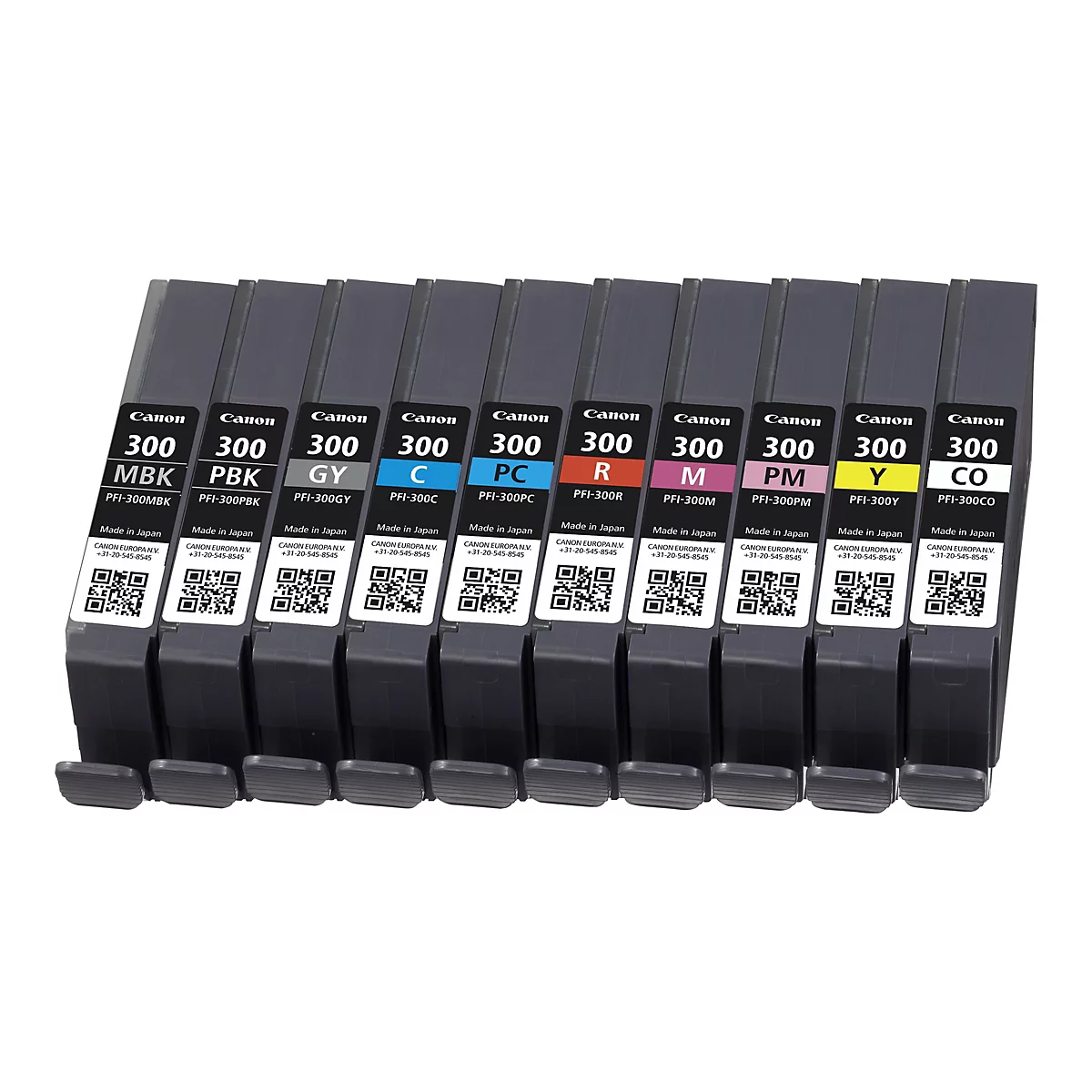 Eine Reihe von Canon Druckerpatronen in verschiedenen Farben, mit Labeln und QR-Codes.