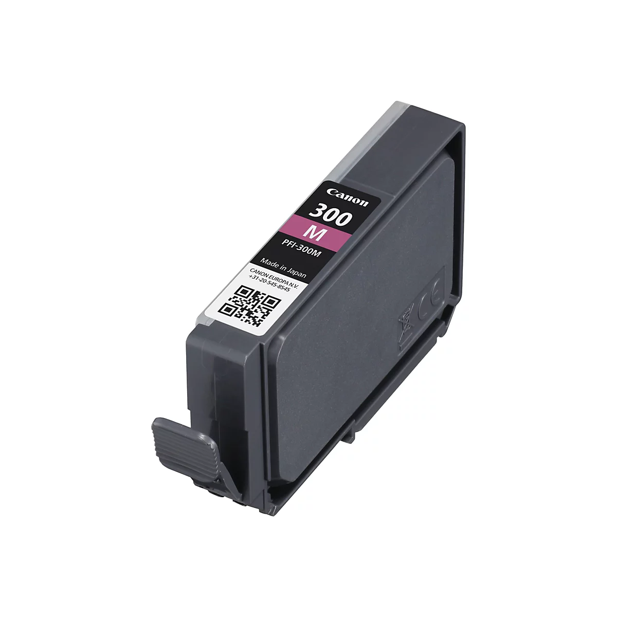 Eine Tintenpatrone Canon 300M, mit Aufklebern und QR-Code. Grau, schwarz und magenta.