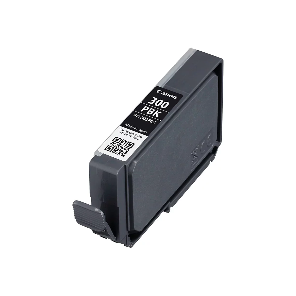Schwarze Canon-Tintenpatrone. Etikett mit 300 PBK und QR-Code.