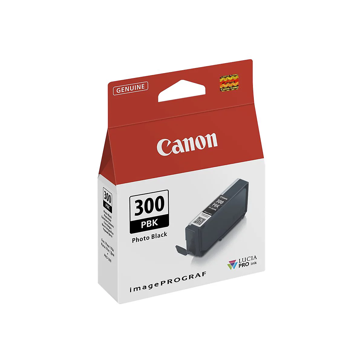 Eine Canon Tintenpatrone 300 PBK Photo Black vor weiÃŸem Hintergrund. Die Verpackung ist rot und weiÃŸ mit Produktangaben.