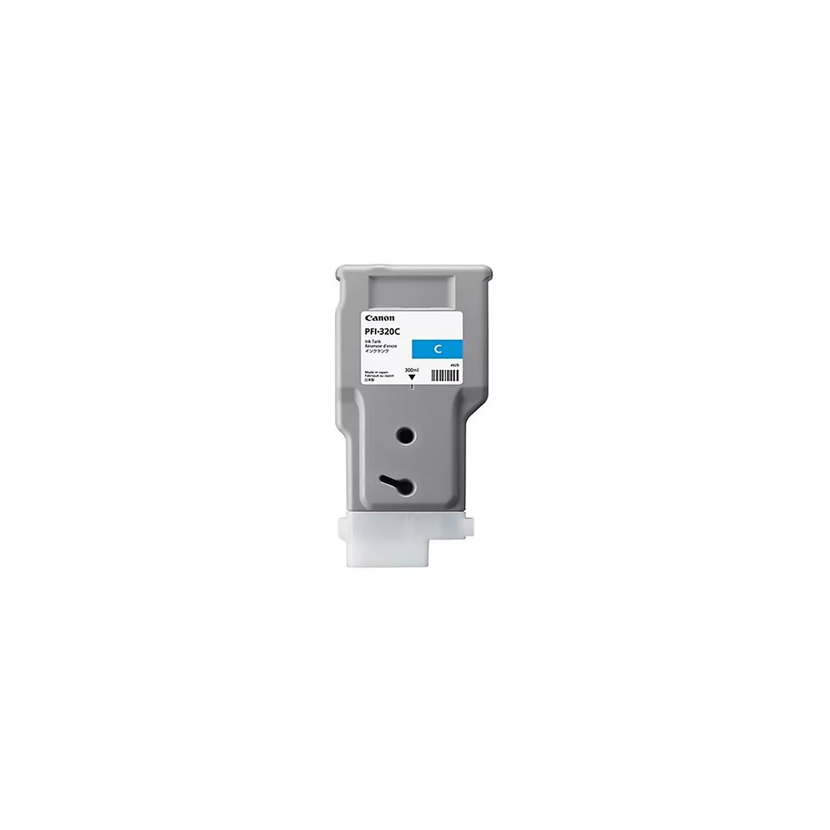 RÃ©servoir d'encre gris avec Ã©tiquette bleue, C et nom du produit. Connecteur en plastique blanc en bas.