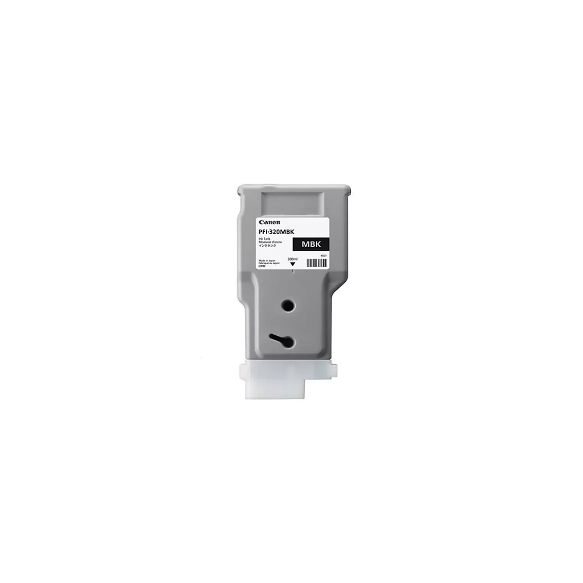 Cartouche d'encre grise Canon PFI-320MBK. Avec Ã©tiquette blanche et code-barres. MBK signifie Matte Black.