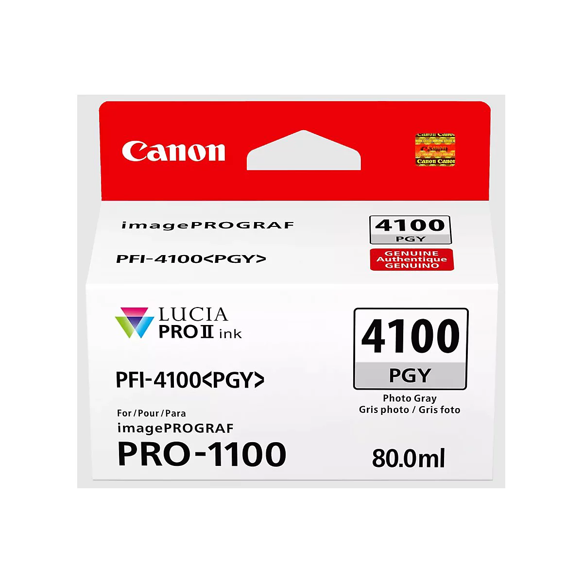 Eine Canon Tintenpatrone, PFI-4100<PGY>, mit der Aufschrift "imagePROGRAF PRO-1100".
