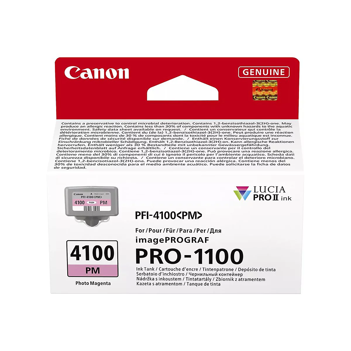 Tintenpatrone Canon PFI-4100 PM mit Text und Logos. Rosafarbener Bereich für Fotomagenta.
