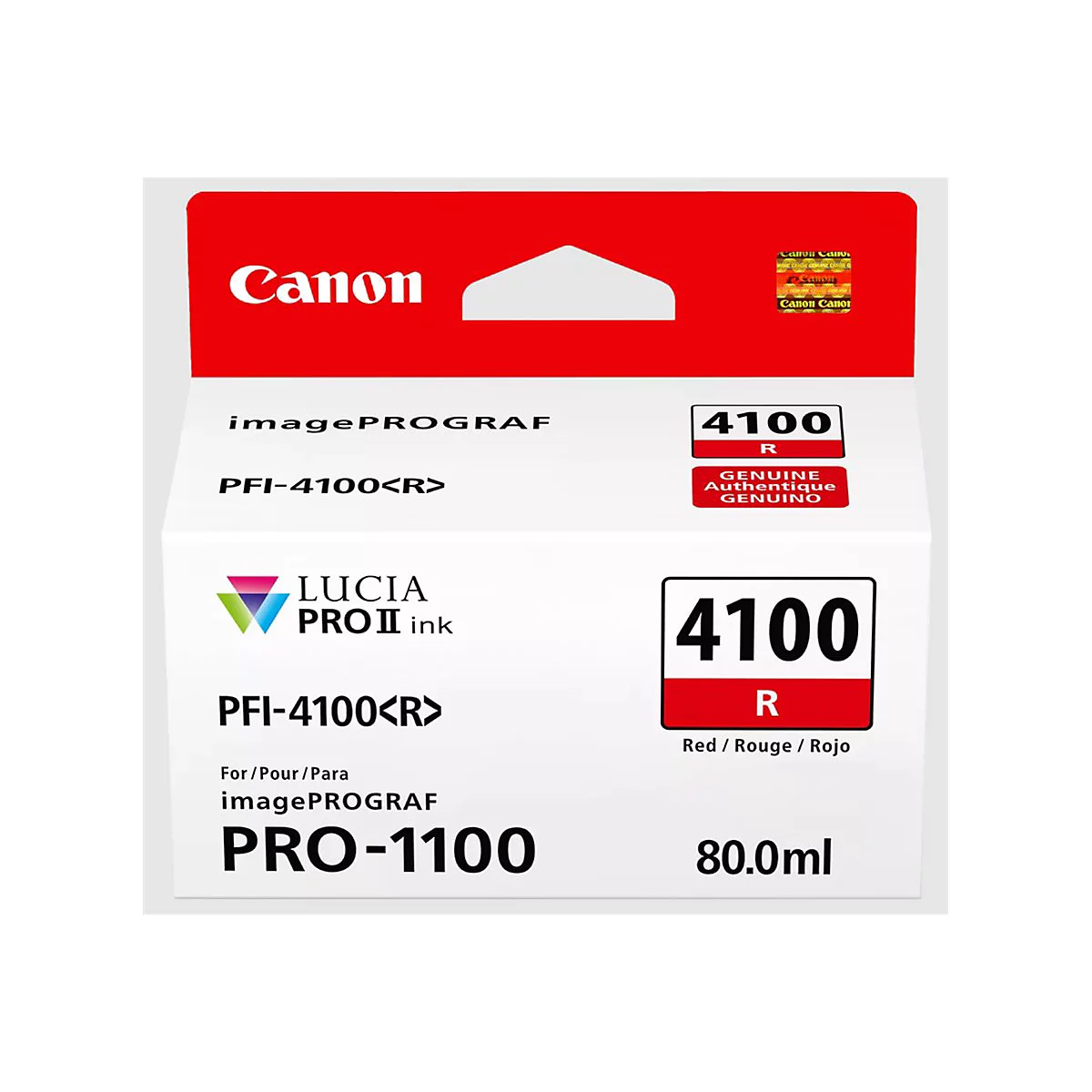 Verpackung einer Canon PFI-4100R Tintenpatrone. Roter Schriftzug "Canon". Aufdrucke: "LUCIA PRO II ink", "4100 R", "Red / Rouge / Rojo".