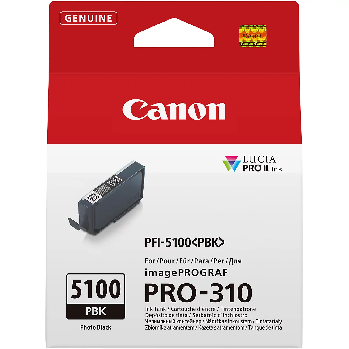 Schwarze Tintenpatrone für Canon Drucker, Verpackung mit Aufschrift "Canon", "5100 PRO-310".