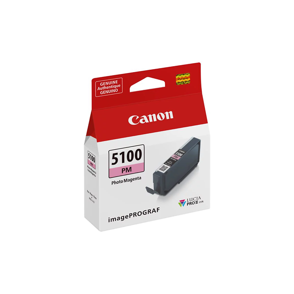 Eine Canon-Tintenpatrone in einer roten und weißen Verpackung. Aufgedruckte Schriftzüge: Canon, 5100 PM Photo Magenta.